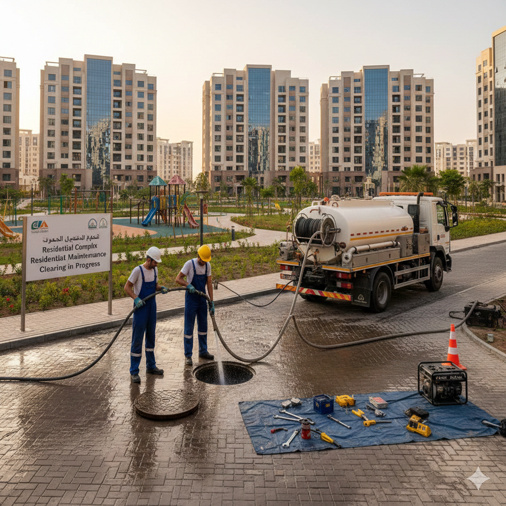 تسليك شبكة صرف مجمع سكني
